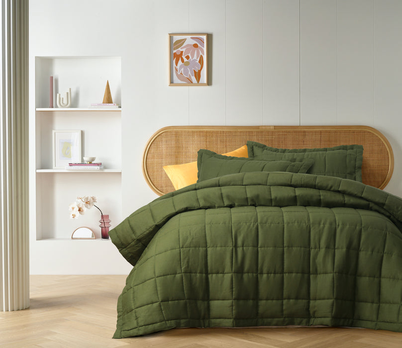 NEW French Linen Quilt Coverlet Set - Olive