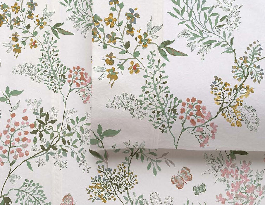 100% Indian Cotton Soft Flannelette Sheet Set - Feuilles Floral Print