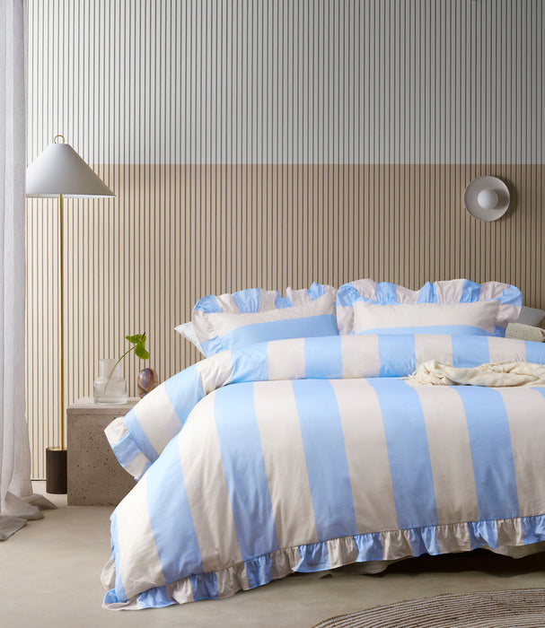 Vintage Design Candy Ruffle Washed Cotton Quilt Cover Set - Blue