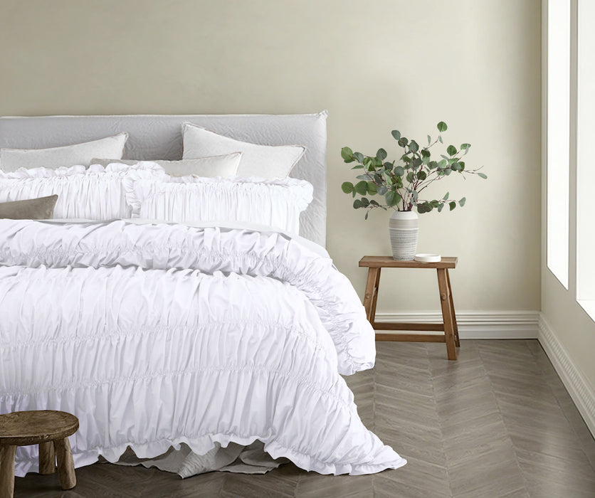 Vintage Design Haven Ruched 100% Cotton Quilt Cover Set - White