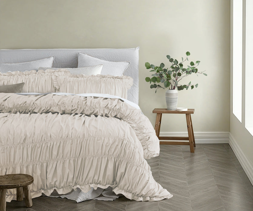 Vintage Design Haven Ruched 100% Cotton Quilt Cover Set - Natural