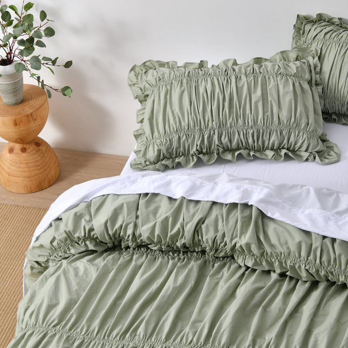 Vintage Design Haven Ruched 100% Cotton Quilt Cover Set - Sage