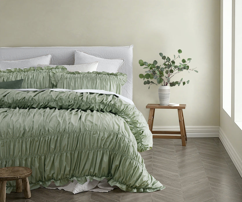 Vintage Design Haven Ruched 100% Cotton Quilt Cover Set - Sage
