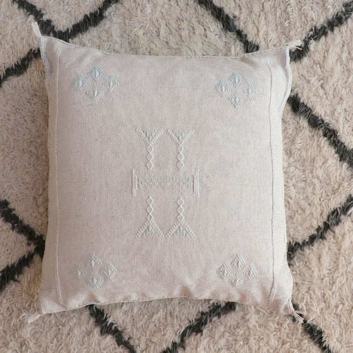 Moroccan Cactus Silk Feather Filled Cushion - Cream with Baby Blue and White Berber Motifs