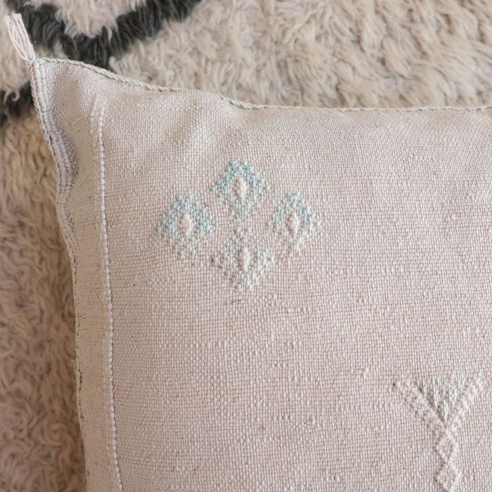 Moroccan Cactus Silk Feather Filled Cushion - Cream with Baby Blue and White Berber Motifs