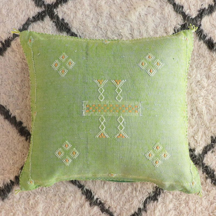 Moroccan Cactus Silk Feather Filled Cushion - Green with Yellow and White Berber Motifs