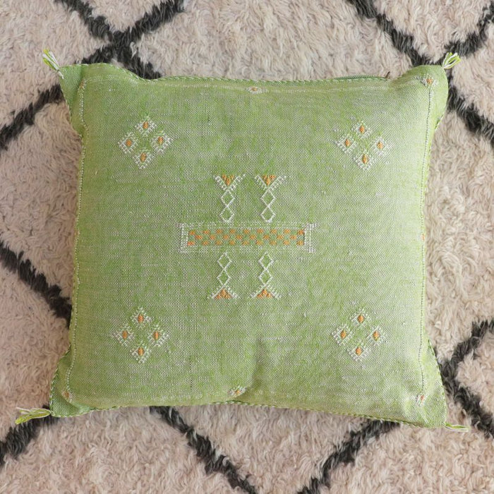 Moroccan Cactus Silk Feather Filled Cushion - Green with Yellow and White Berber Motifs