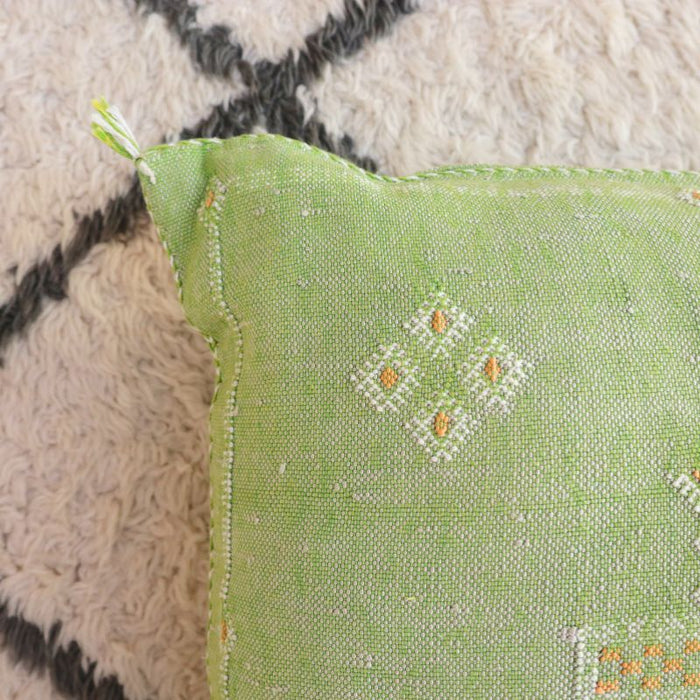 Moroccan Cactus Silk Feather Filled Cushion - Green with Yellow and White Berber Motifs