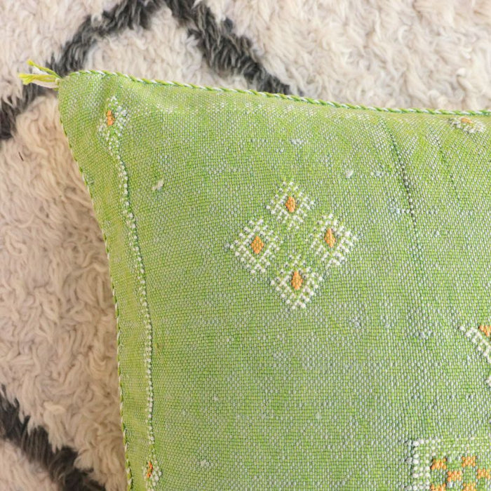 Moroccan Cactus Silk Feather Filled Cushion - Green with Yellow and White Berber Motifs