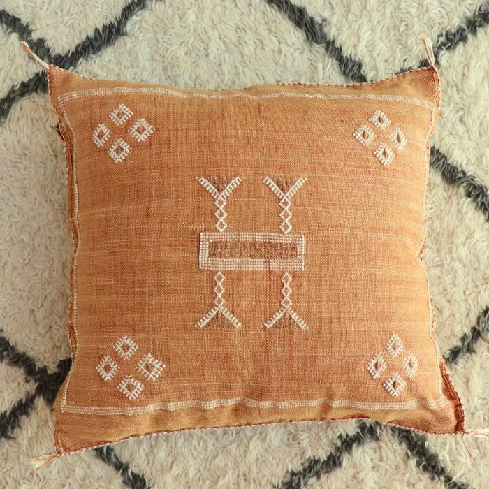 Moroccan Cactus Silk Feather Filled Cushion - Gold with White and Brown Berber Motifs