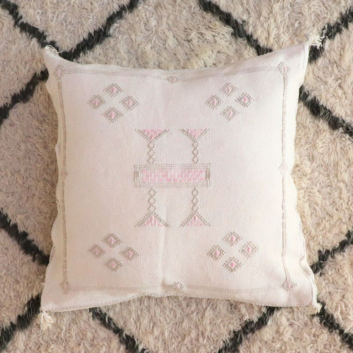 Moroccan Cactus Silk Feather Filled Cushion - White with Grey and Baby Pink Berber Motifs