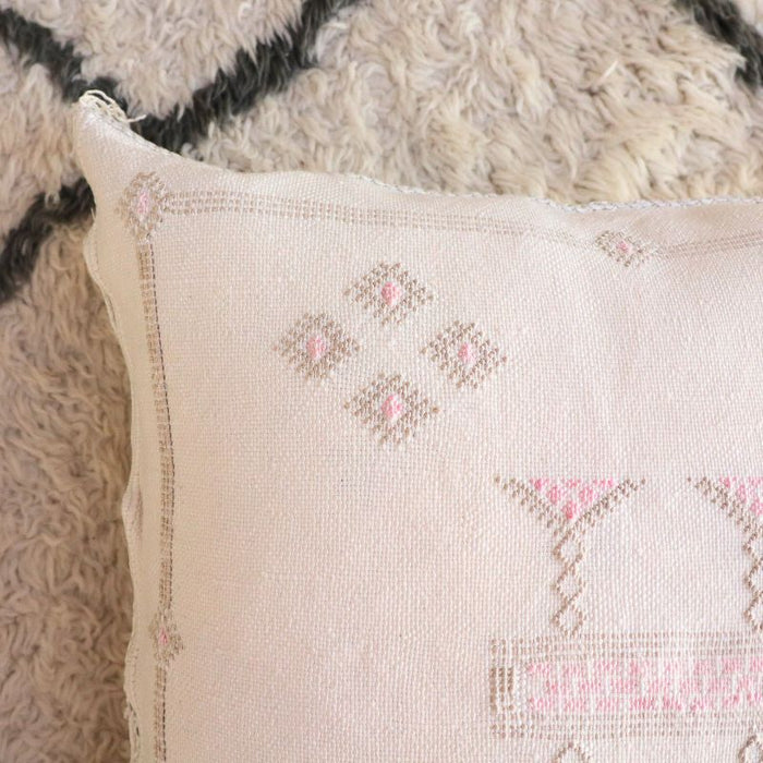 Moroccan Cactus Silk Feather Filled Cushion - White with Grey and Baby Pink Berber Motifs