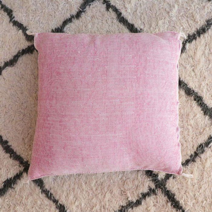 Moroccan Cactus Silk Feather Filled Cushion - Pink with Yellow, White and Brown Berber Motifs