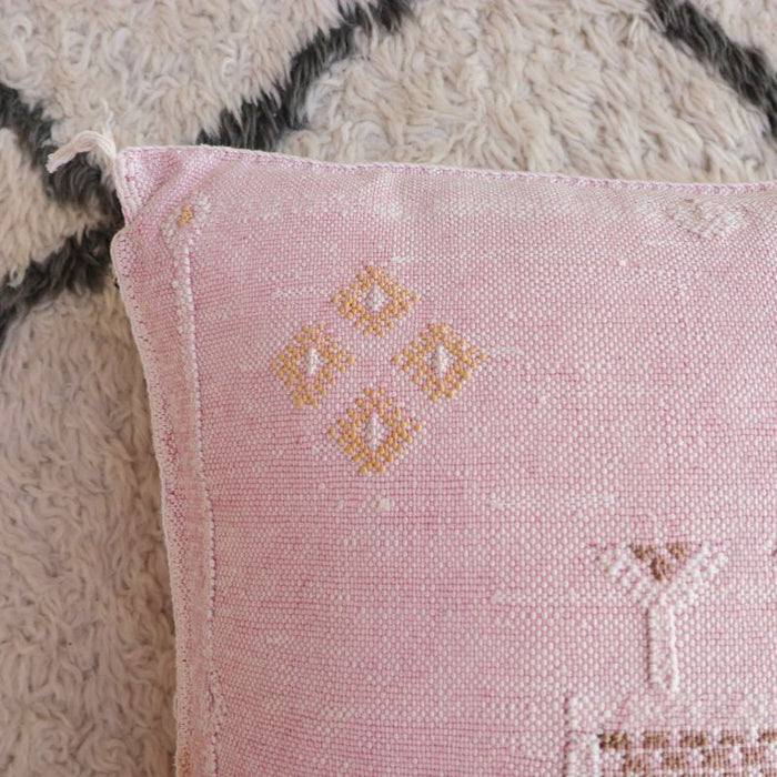 Moroccan Cactus Silk Feather Filled Cushion - Pink with Yellow, White and Brown Berber Motifs