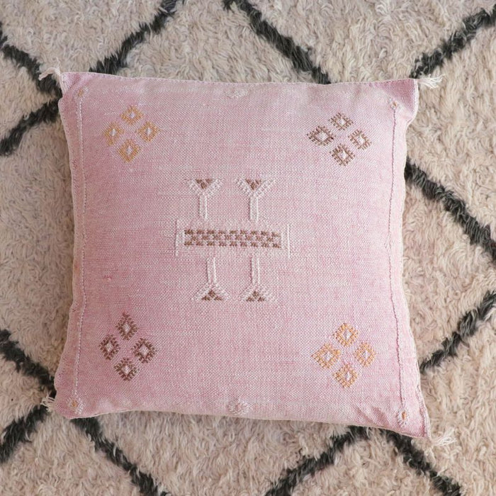 Moroccan Cactus Silk Feather Filled Cushion - Pink with Yellow, White and Brown Berber Motifs