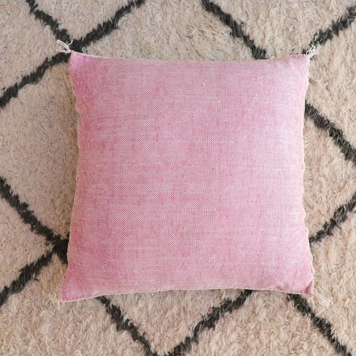 Moroccan Cactus Silk Feather Filled Cushion - Pink with White, Brown and Yellow Berber Motifs