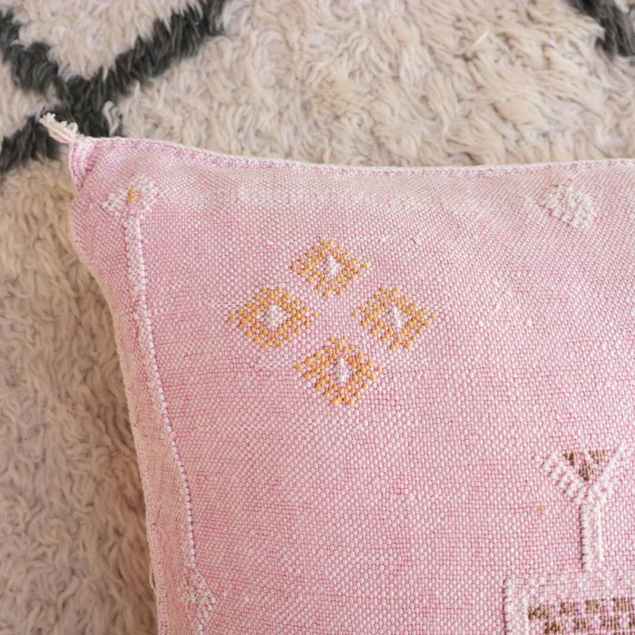 Moroccan Cactus Silk Feather Filled Cushion - Pink with White, Brown and Yellow Berber Motifs