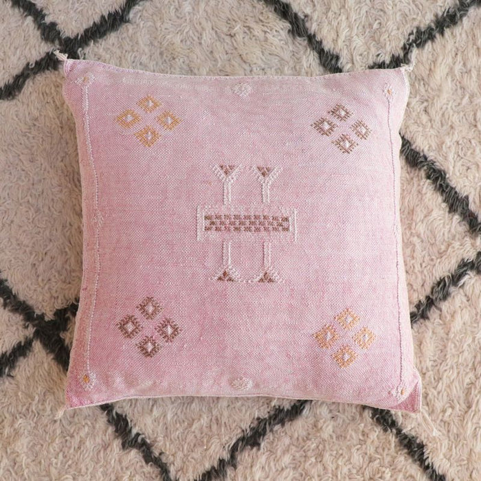 Moroccan Cactus Silk Feather Filled Cushion - Pink with White, Brown and Yellow Berber Motifs