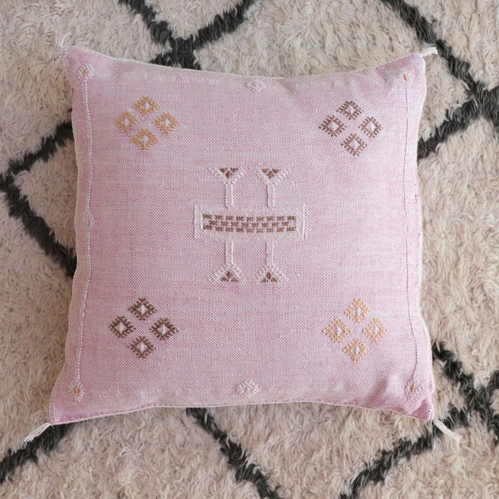 Moroccan Cactus Silk Feather Filled Cushion - Pink with Yellow, White and Brown Berber Motifs