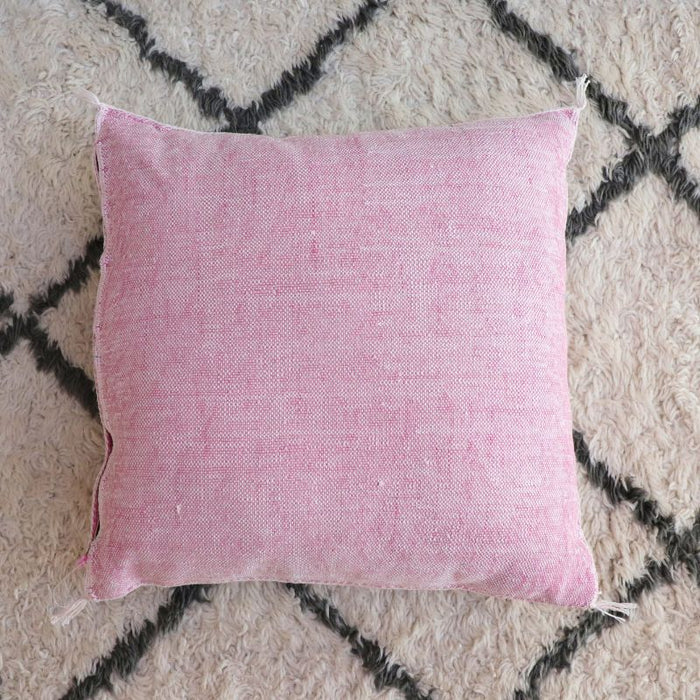 Moroccan Cactus Silk Feather Filled Cushion - Pink with Yellow, White and Brown Berber Motifs