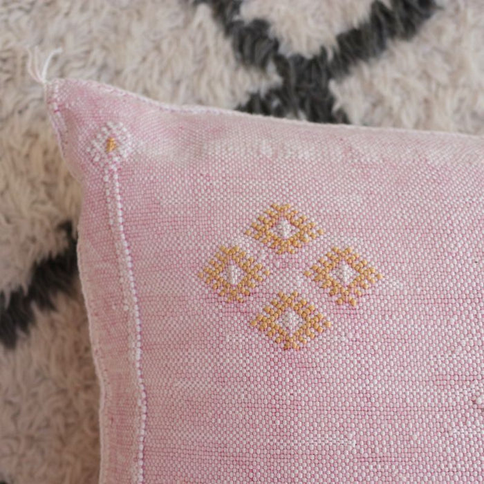 Moroccan Cactus Silk Feather Filled Cushion - Pink with Yellow, White and Brown Berber Motifs