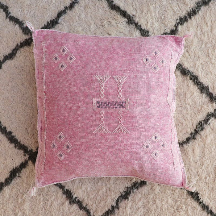 Moroccan Cactus Silk Feather Filled Cushion - Pink with White and Grey Berber Motifs