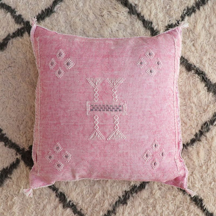 Moroccan Cactus Silk Feather Filled Cushion - Pink with White and Dark Grey Berber Motifs