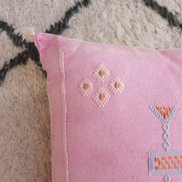 Moroccan Cactus Silk Feather Filled Cushion - Pink with White, Baby Blue and Yellow Berber Motifs