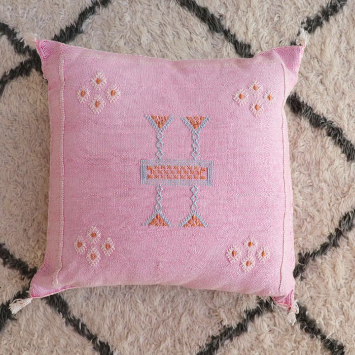 Moroccan Cactus Silk Feather Filled Cushion - Pink with White, Baby Blue and Yellow Berber Motifs