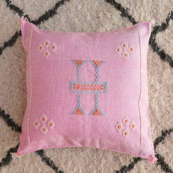 Moroccan Cactus Silk Feather Filled Cushion - Pink with White, Baby Blue and Yellow Berber Motifs