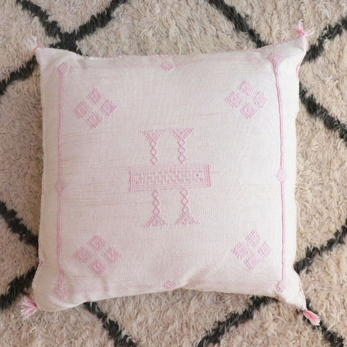 Moroccan Cactus Silk Feather Filled Cushion - White with Baby Pink Berber Motifs