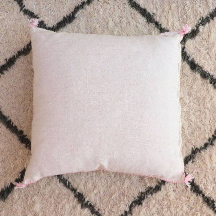 Moroccan Cactus Silk Feather Filled Cushion - White with Baby Pink Berber Motifs