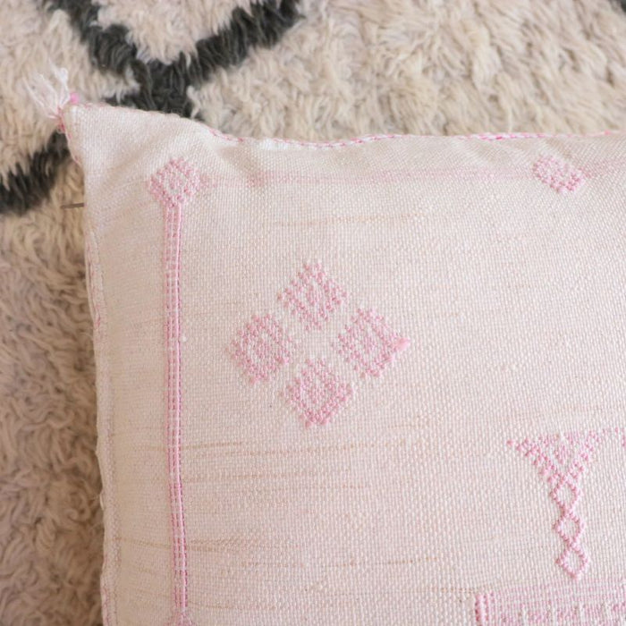 Moroccan Cactus Silk Feather Filled Cushion - White with Baby Pink Berber Motifs