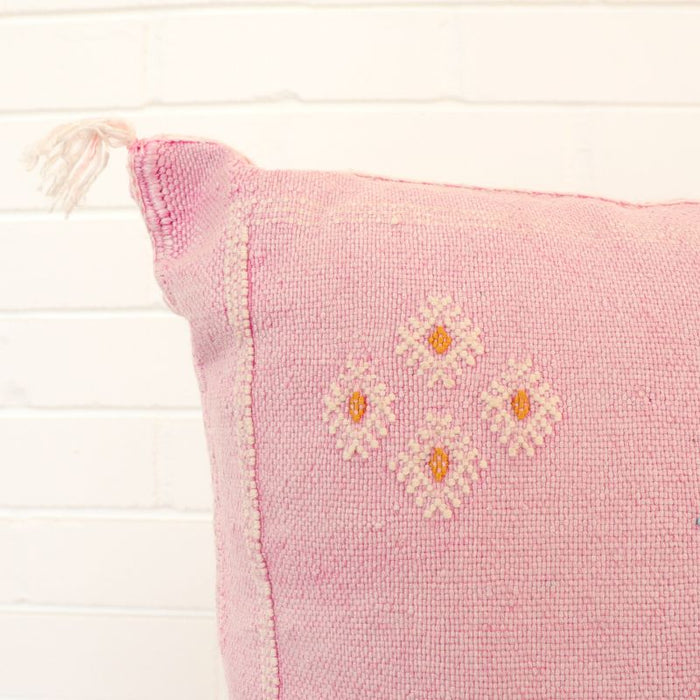 Moroccan Cactus Silk Feather Filled Cushion - Baby Pink with White, Yellow and Baby Blue Motifs