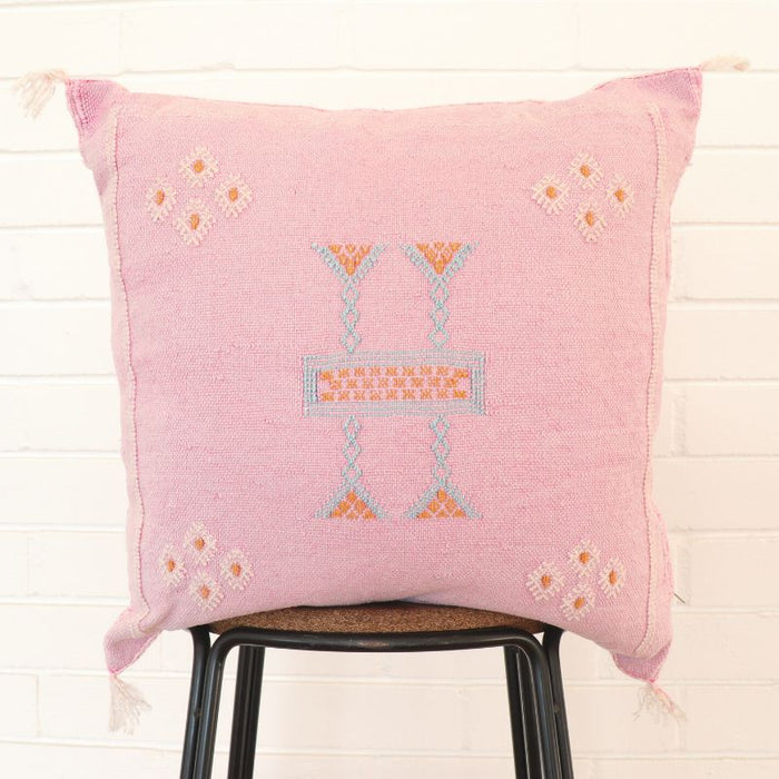 Moroccan Cactus Silk Feather Filled Cushion - Baby Pink with White, Yellow and Baby Blue Motifs