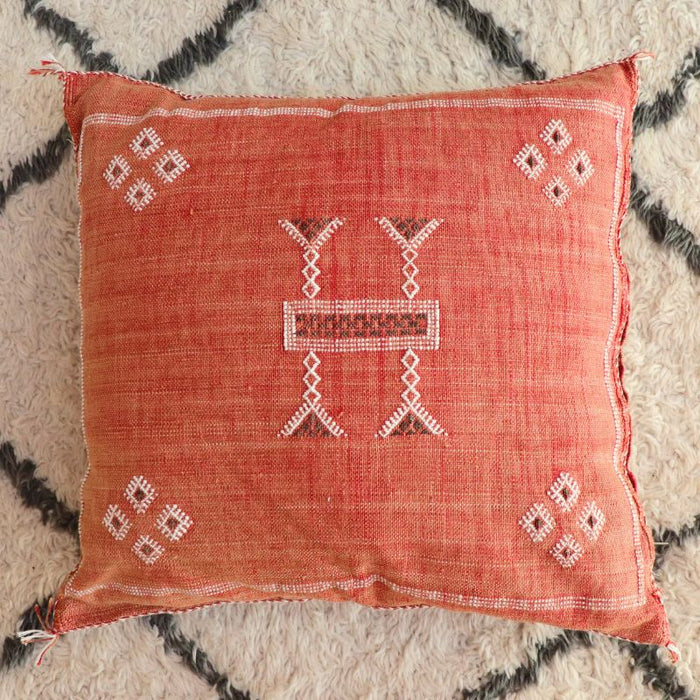 Moroccan Cactus Silk Feather Filled Cushion - Red Tobacco with white and brown Berber Motifs