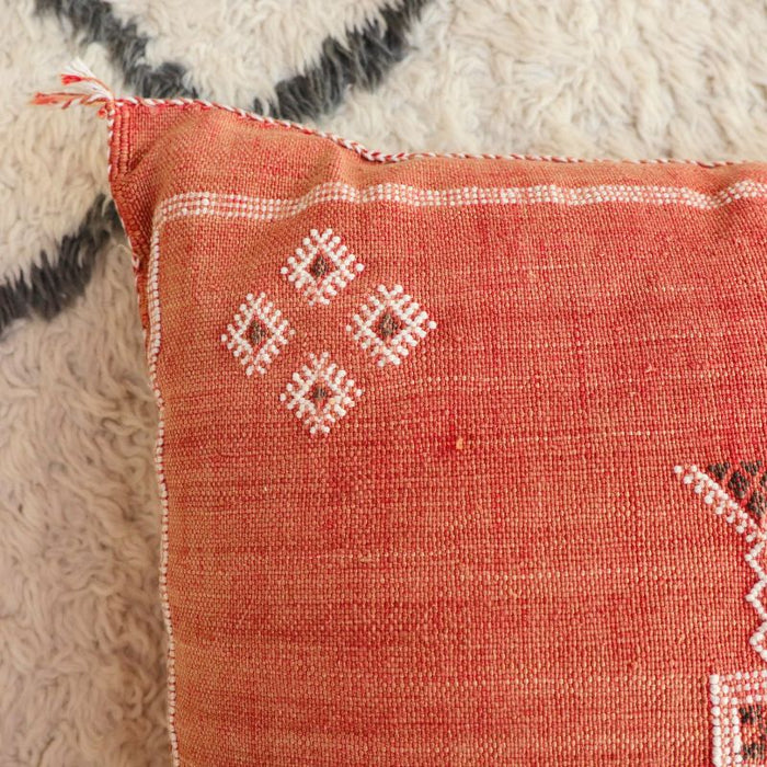 Moroccan Cactus Silk Feather Filled Cushion - Red Tobacco with white and brown Berber Motifs