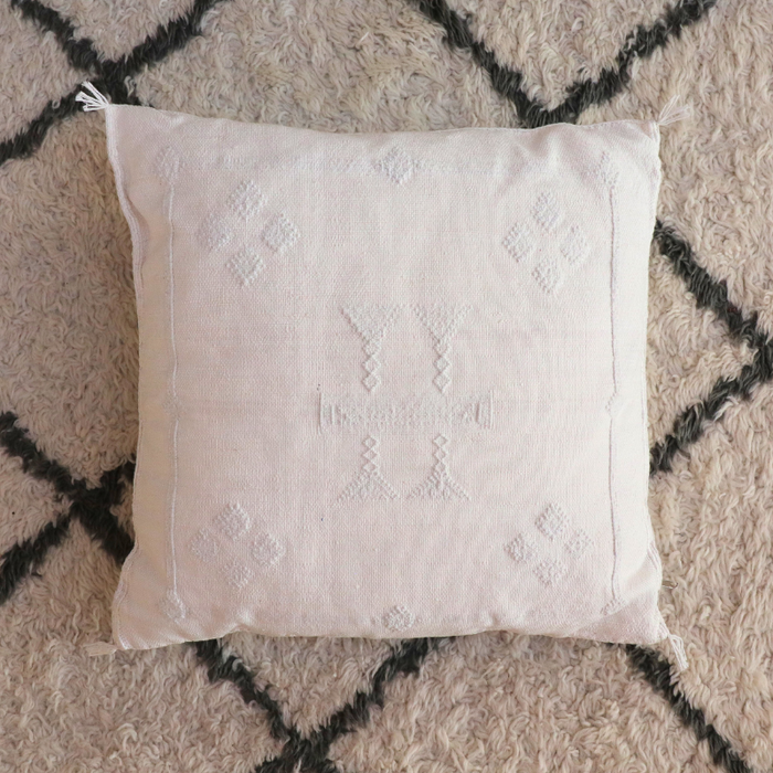 Moroccan Cactus Silk Feather Filled Cushion - White with White Berber Motifs