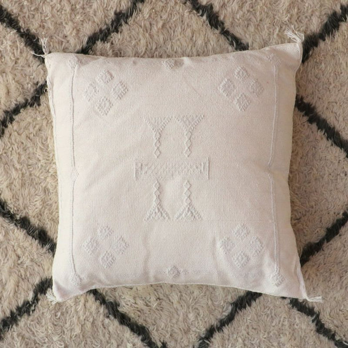 Moroccan Cactus Silk Feather Filled Cushion - White with White Berber Motifs