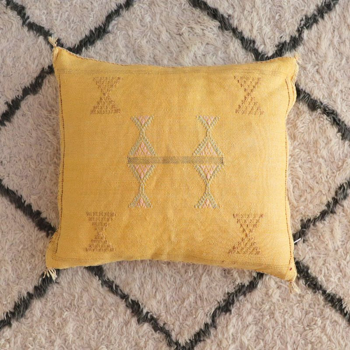 Moroccan Cactus Silk Feather Filled Cushion - Yellow and Baby Blue Motifs