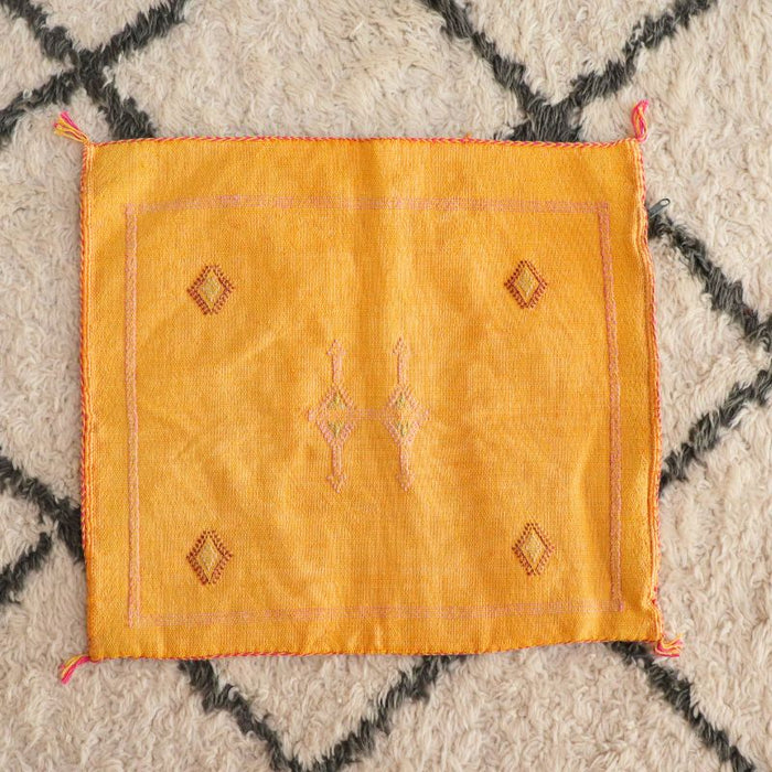 Moroccan Cactus Silk Cushion Cover - Yellow with Baby Pink, Light Grey & Dark Red and White Berber Motifs