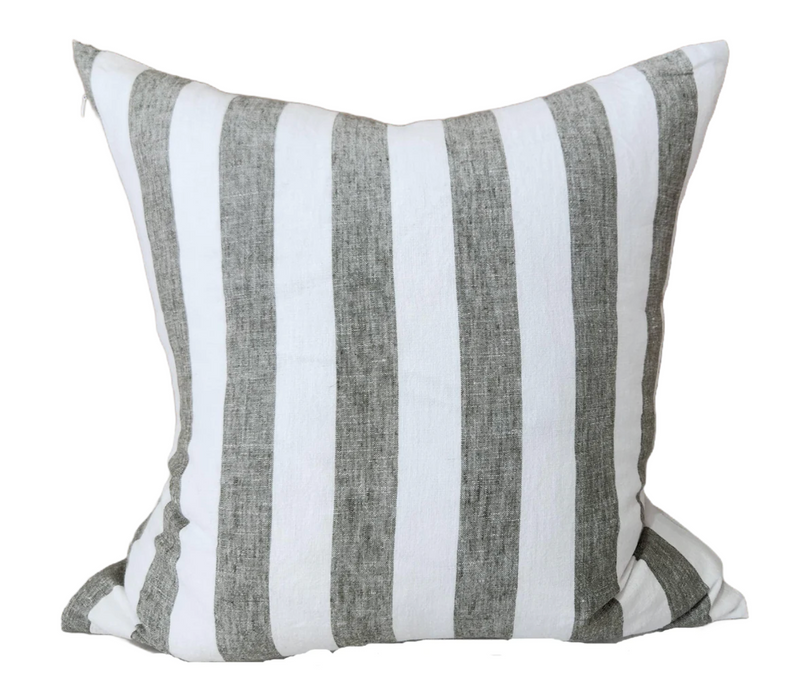 Heavyweight French Linen Cushion - Light Green Stripe