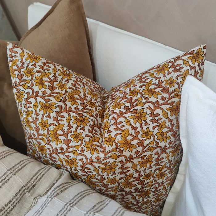 Artisan Hand Block Printed Pure French Linen Cushion - Mughal Flower