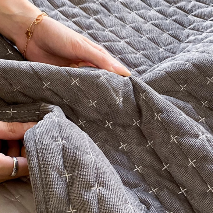 Sardinia Cotton Velvet Cross Stitched Coverlet Set - Charcoal