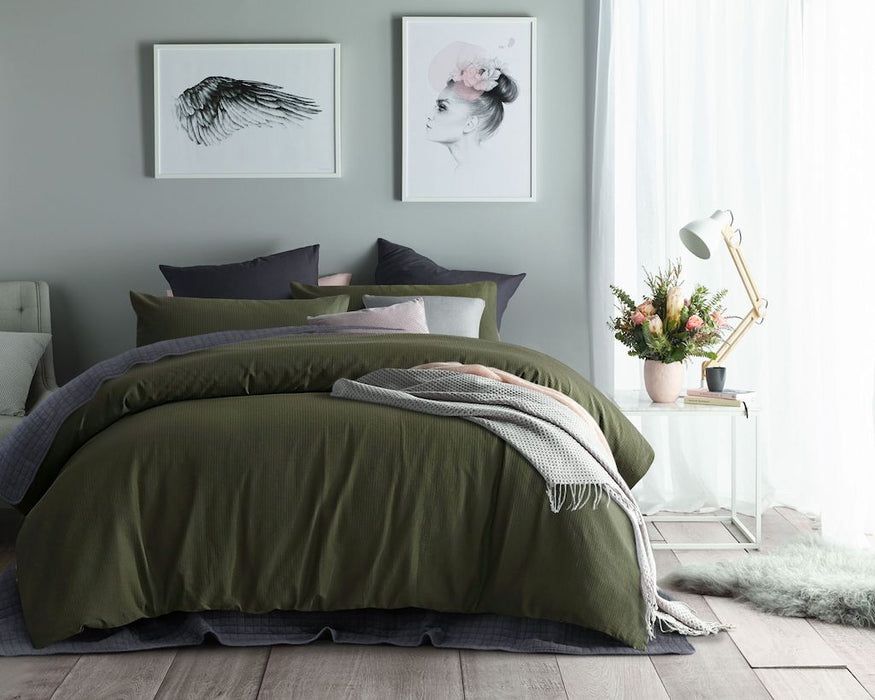 Waffle 100% Cotton Quilt Cover Set - Olive