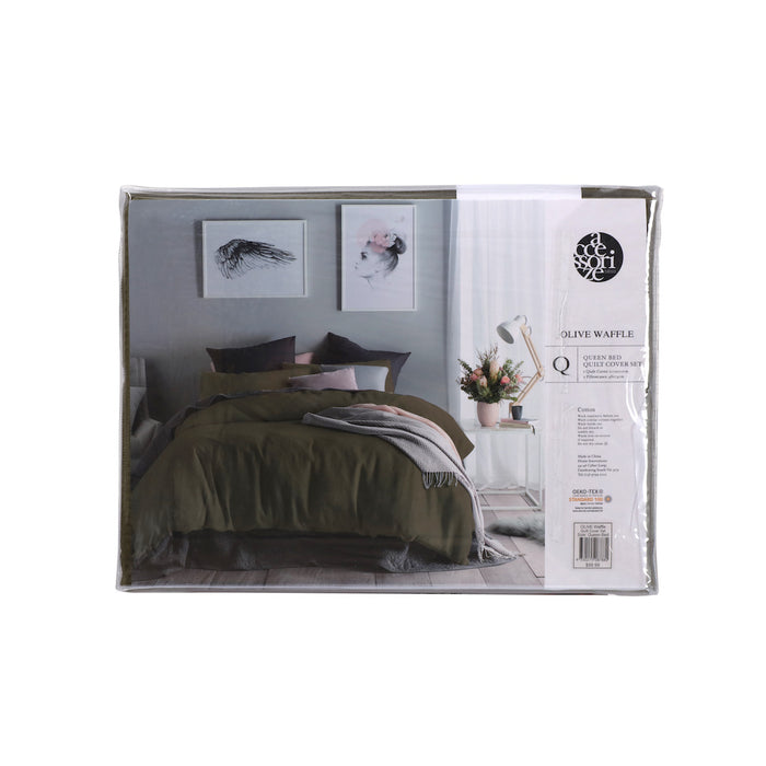 Waffle 100% Cotton Quilt Cover Set - Olive