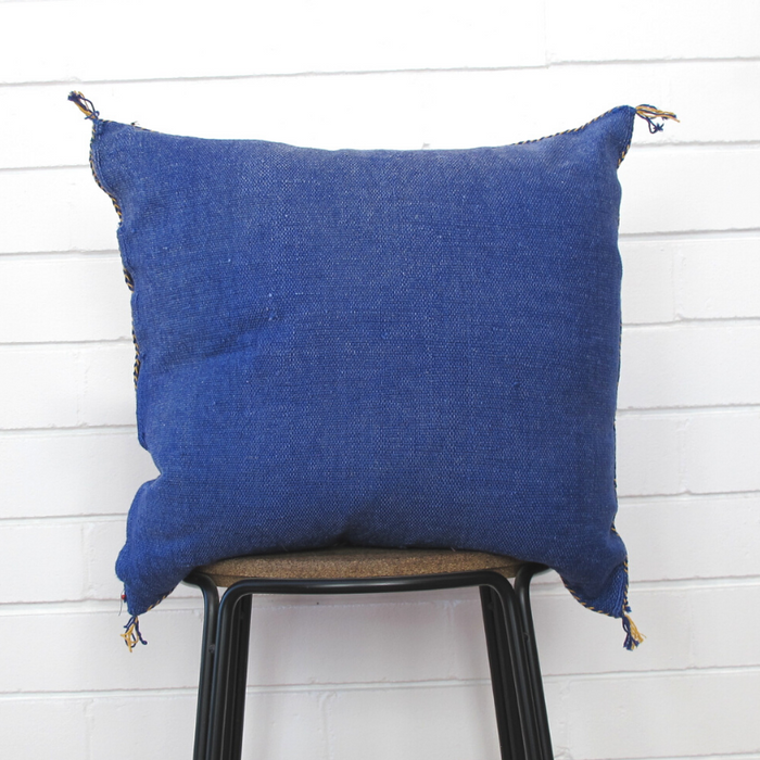 Moroccan Cactus Silk Feather Filled Cushion - Dark Blue with Red & Yellow Berber Motifs