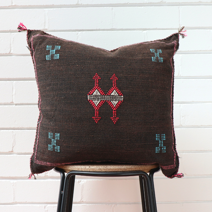 Cactus Silk Feather Filled Cushion - Deep Dark Brown Black with White, Red and Baby Blue Berber Motifs