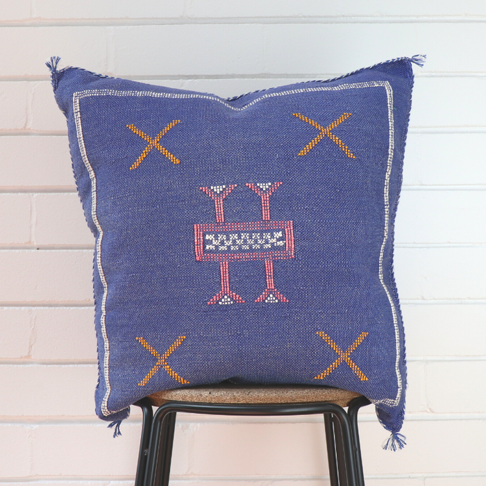 Cactus Silk Feather Filled Cushion - Denim Blue with Pink, White and Orange Berber Motifs