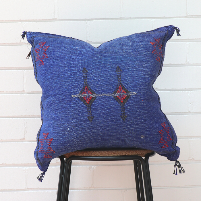 Cactus Silk Feather Filled Cushion - Denim Blue with Red & Black Berber Motifs
